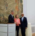 Untergeneralsekretär Jean-Pierre Lacroix, Verteidigungsministerin Ursula von der Leyen, Oberbürgermeister Ashok Sridharan 