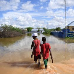 Überschwemmung in Belet Weyne, Somalia (2018) Zwei junge Männer mit roten Shirts waten durch eine überschwemmte Landschaft.